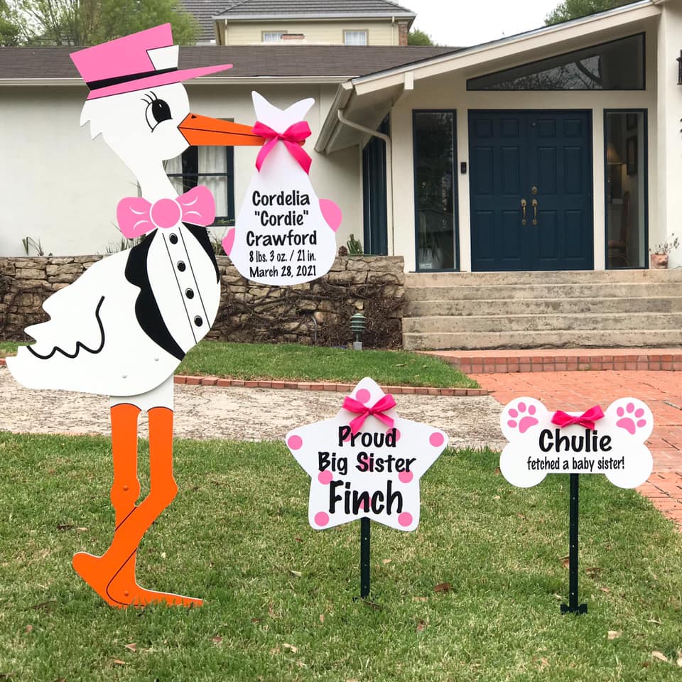 Pink Sign with Sibling Star and Dog Bone, Stork Sign Rental in Burlington, North Carolina